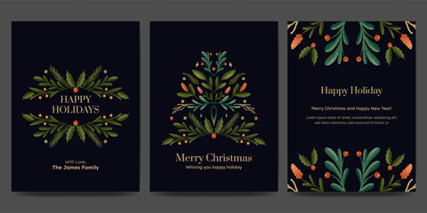 Holiday greetings card with Christmas tree, floral ornament, wreath  or garland winter plant. trendy vintage style.