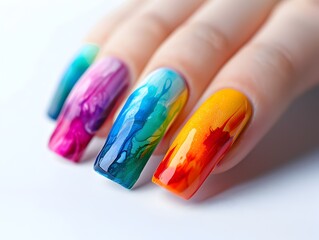 Obraz premium Vibrant Watercolor-Inspired Manicure on Feminine Hands Showcasing Creative Expression
