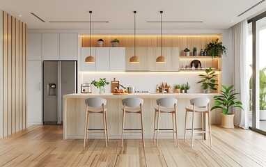 3D rendering of a modern kitchen interior with white cabinets, wooden floor and a bar counter on the right side
