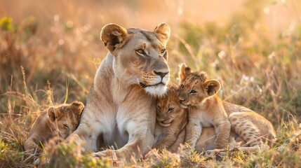 Gentle Bond of Motherhood: Lioness Nuzzling Cubs at Sunset in the Savannah