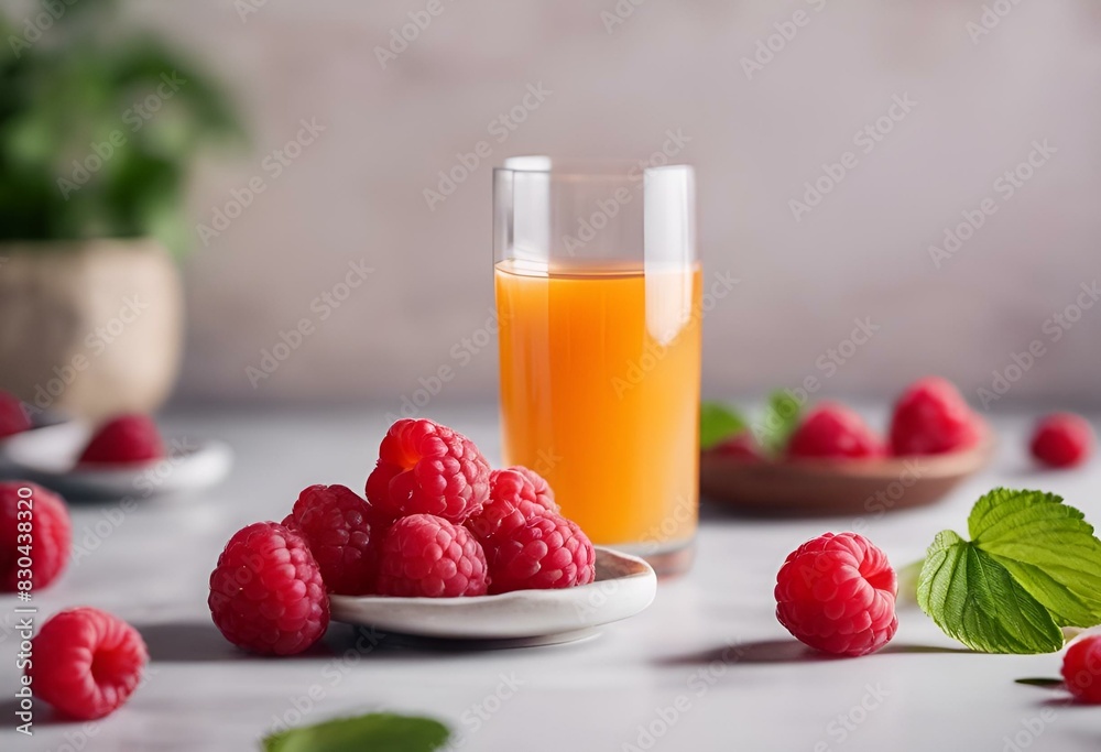 Poster fresh fruit and orange juice in a glass on the table