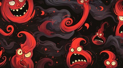 Red cartoon character shapes in cyclone style on black background