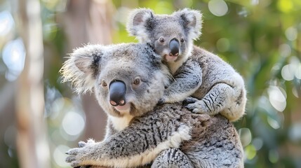 Fototapeta premium A Mother's Devotion: Koala and Joey Climb a Eucalyptus Tree