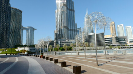 Low angle view of Burj Khalifa in Dubai, UAE. Action. The tallest building in the world and famous...