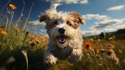A cute puppy runs through the field in the blue sky.