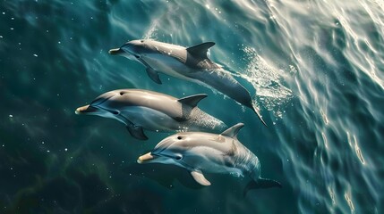 Fototapeta premium Baby Dolphin Mimics Mother's Fluid Movements in a Family Swim Through the Ocean Depths