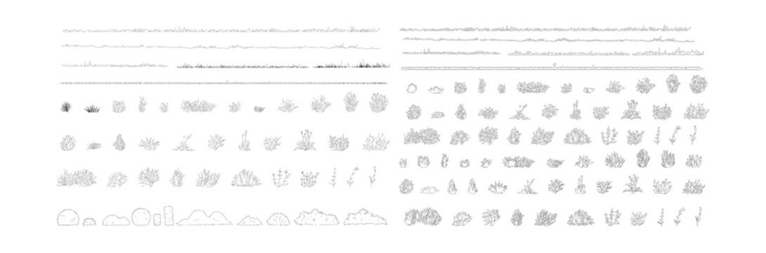 set of grass line cad, minimal isolated on white background. Ground cover. Illustration for  elevation architectural element, side view, grass section. Turf coating banners for edging.
