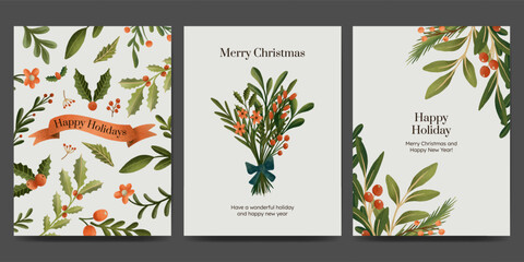 Holiday greetings card with Christmas bouquet, floral, winter plant and nature ornament. modern style. © herdesignstudio