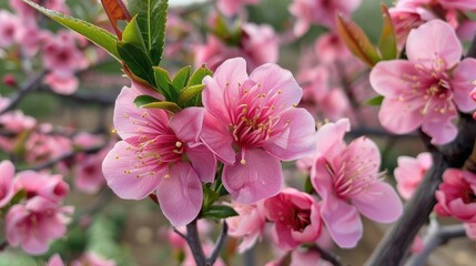Obraz premium Pink peach flowers are fully blossomed