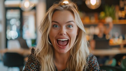 A Young blonde woman working in a small e-commerce business Her wild and surprised celebration with wide eyes. and screamed with excitement at the success