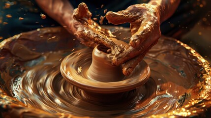 The hands of a potter skillfully molding clay into a container. Making pottery with the delicate movement and attention to detail that defines the art of ceramics.