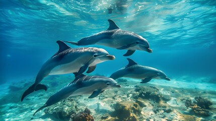 Fototapeta premium Bonding Moments: Baby Dolphin Mimics Mother's Swimming Moves in the Vast Ocean