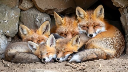 Fox Family Securely Snoozes in their Cozy Den