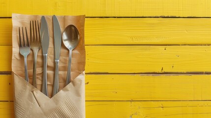 Cutlery enclosed in a paper napkin on a wooden surface with a yellow hue