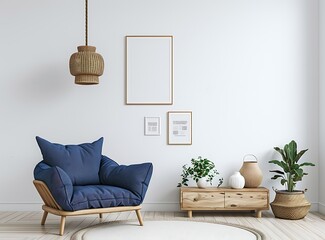 Modern living room with a blue armchair, a wooden sofa and posters on the white wall