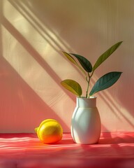 Sunlit white vase with lemon on red table a bright and cheery still life composition with natural light and citrus fruit