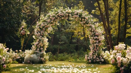Obraz premium Romance and elegance with a stunning floral arch placed in front of the backdrop and dining table. To create a focal point for celebrating love.