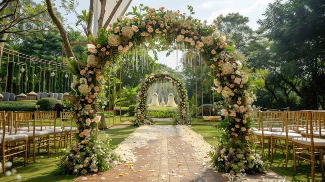 Romance and elegance with a stunning floral arch placed in front of the backdrop and dining table. To create a focal point for celebrating love.