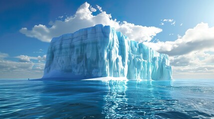 A towering iceberg with a flat, table-like top, known as a tabular iceberg, drifting through icy waters.