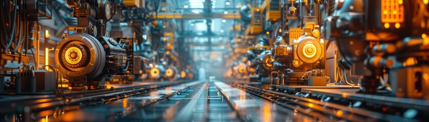 A high-tech, futuristic factory interior with advanced machinery and vibrant lighting, creating a sense of innovation and productivity.