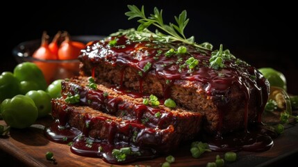 delicious meatloaf with vegetable topping, black and blurred background