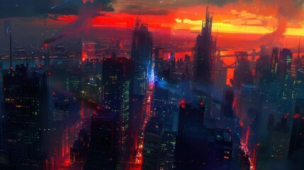 As the last rays of sunlight fade into the horizon, the city below awakens with a kaleidoscope of colors, its towering skyscrapers casting long shadows across the landscape.