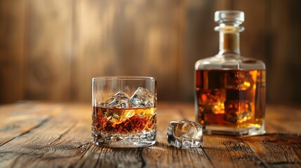 Bottle and Glass of Whiskey with Ice Cubes on Table, Text Space