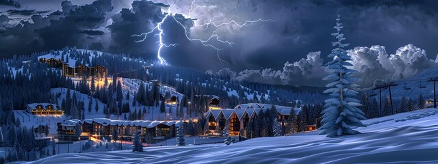 Thunderstorm Strikes Snowy Mountain Ski Resort During Dramatic Winter Snowstorm Scenery