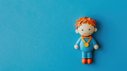 Celebrating success on a blue background a small and adorable athlete proudly displays a first place medal