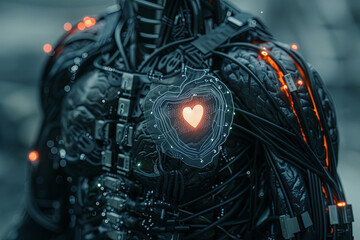 Fototapeta premium The image is a dark, close-up shot of a cyborg's chest. The cyborg's heart is glowing red and there are wires and other mechanical parts visible.