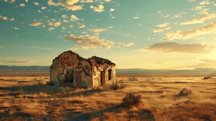 An ancient deserted dwelling situated in the midst of an open expanse