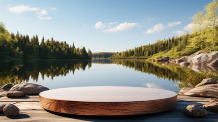 Obraz premium 3d circle podium product stand or display with water river background and cinematic light