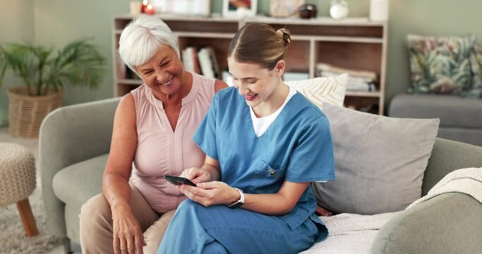 Smartphone, caregiver and elderly woman on sofa to browse internet, support and mobile app together. Retirement, nursing home and nurse for senior person on phone for social media or online meme