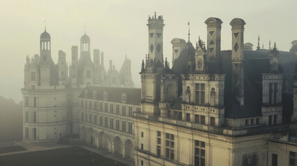 Fototapeta premium Ethereal view of a grand castle enveloped in dense morning mist, evoking mystery.