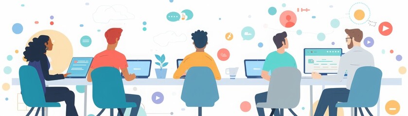 A diverse team of professionals working together on laptops in a modern office setting, focusing on collaboration and productivity.