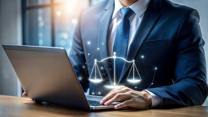 Legal advice business concept. Businessman use laptop with virtual law icon for business legal advice, Labor law, Lawyer, Attorney at law.