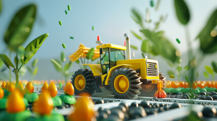 A vibrant digital illustration of a yellow tractor farming in a stylized field.