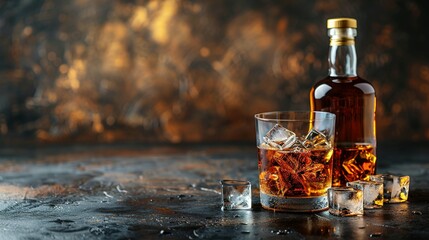 Whiskey Bottle and Glass on Table with Ice Cubes: Space for Text