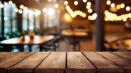 A cozy restaurant interior with warm lighting, featuring wooden tables and chairs, festive string lights, and a welcoming atmosphere. 