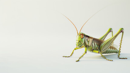 Fototapeta premium Close-up of a detailed green grasshopper isolated on a white background, showcasing its intricate textures and patterns.