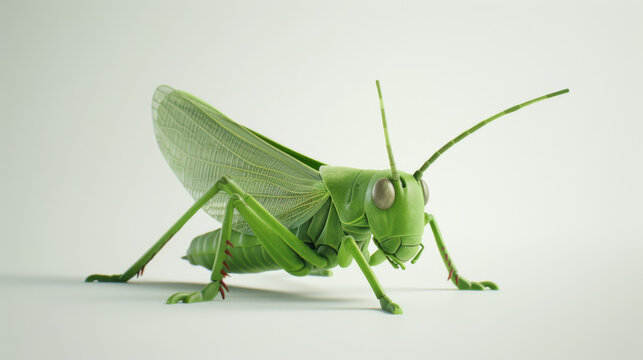 A highly detailed green grasshopper displayed against a plain background, showcasing its intricate anatomy and vibrant color.