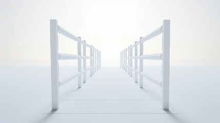 An ethereal and minimalist white bridge extending into infinity, set against a stark white background.