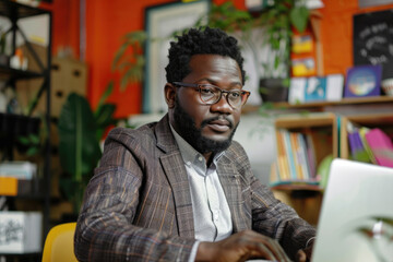 Obraz premium Professional africanamerican businessman working on laptop in creative office space