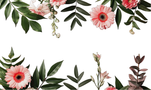 Elegant botanical design featuring a frame of fresh green leaves and vibrant pink flowers against transparent backdrop with space for text in the center