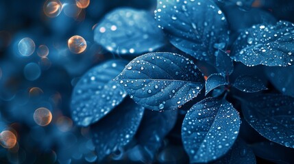 beautiful blue leaves with dewdrops. 