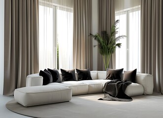 Photo of A contemporary living room with white sofa, grey carpet and black pillows, featuring large windows draped in brown curtains