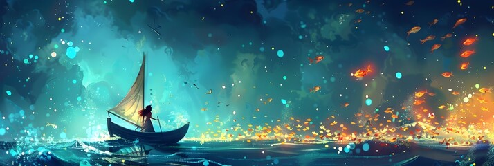 Serene Nautical Voyage Amidst Bioluminescent Wonders of the Deep Sea