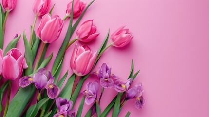Obraz premium Pink tulips and irises bouquet on a pink backdrop Mother s Day and Women s Day greeting card with a touch of spring festivity Overhead view with space for text ideal for mockup purposes