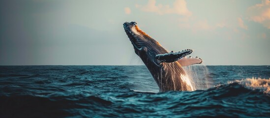 A humpback whale breaching out of the water, with copy space.