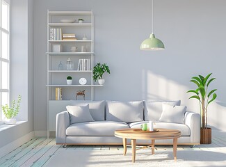 Scandinavian interior design of modern living room with grey sofa, white bookcase and wooden coffee table near window with light green pendant lamp on soft pastel color wall background